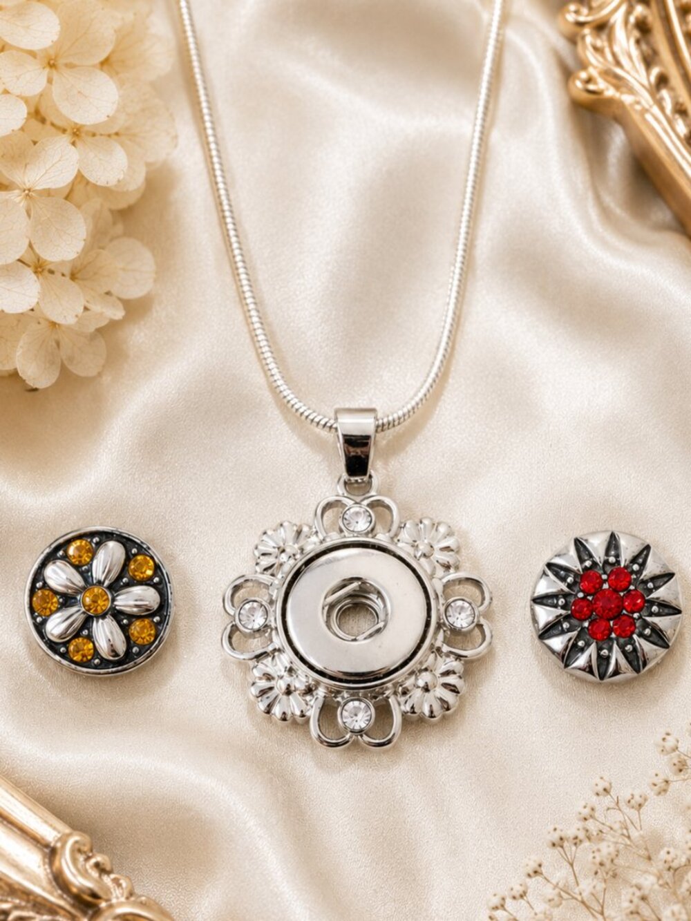Silver Rhinestone Flower Snap Necklace Interchangeable Ruby & Topaz 18"